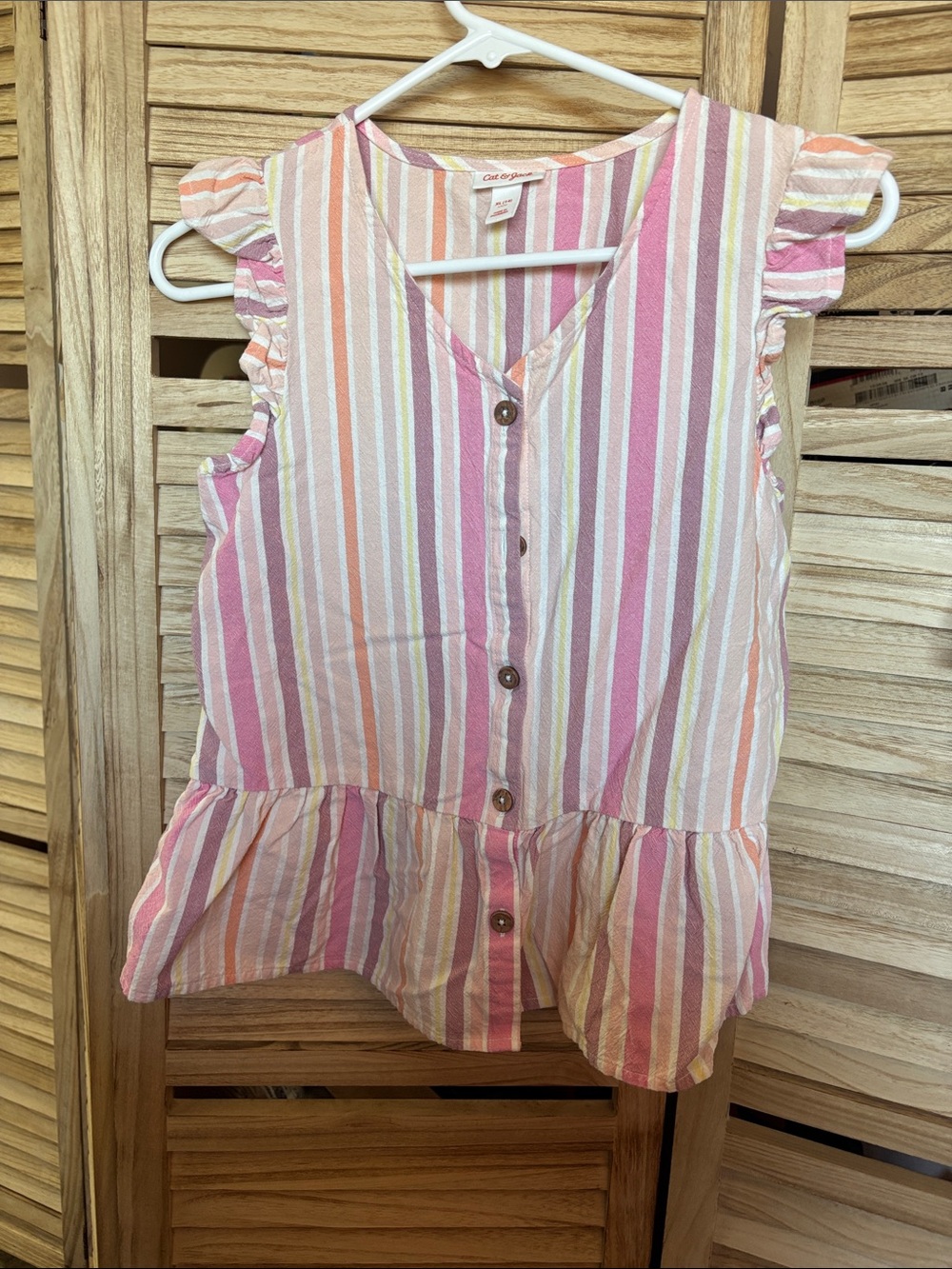 Cat & Jack Pink, Peach & Cream Striped Ruffle Sleeve Button Top XL